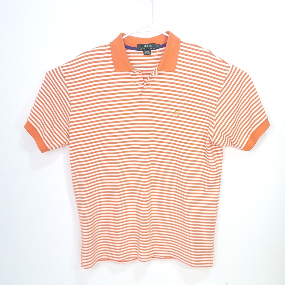 Lauren Ralph Lauren Green Label Short Sleeve Polo Shirt Mens Sz L Orange Stripe